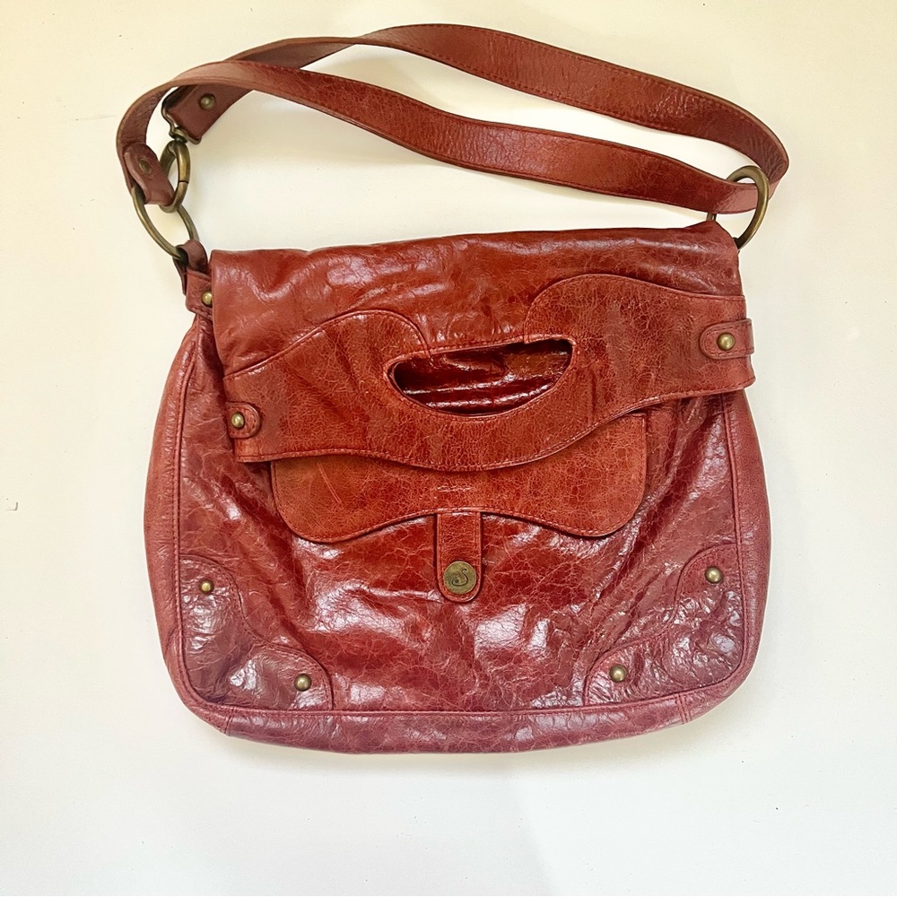 Sima Red Leather Purse Foldover Top Crossbody Strap